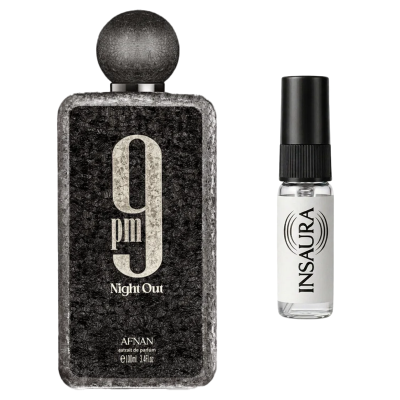 Afnan 9pm Night Out perfume bottle with 2ml decant spray, INSAURA