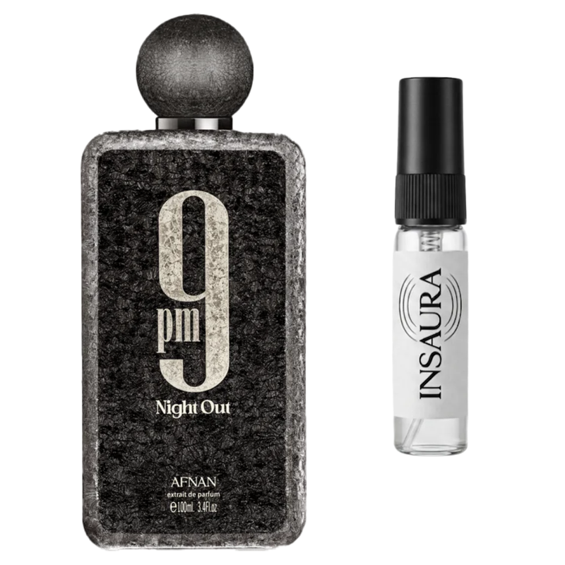 Afnan 9pm Night Out perfume bottle with 5ml decant spray, INSAURA
