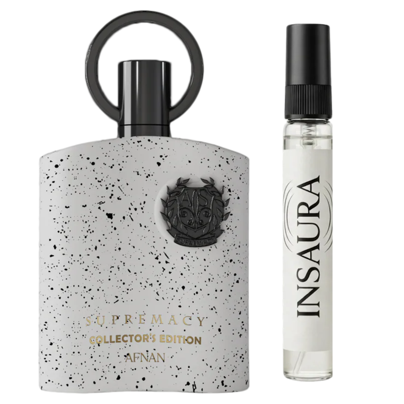 Afnan Supremacy Collectors Edition perfume bottle with 10ml decant spray, INSAURA