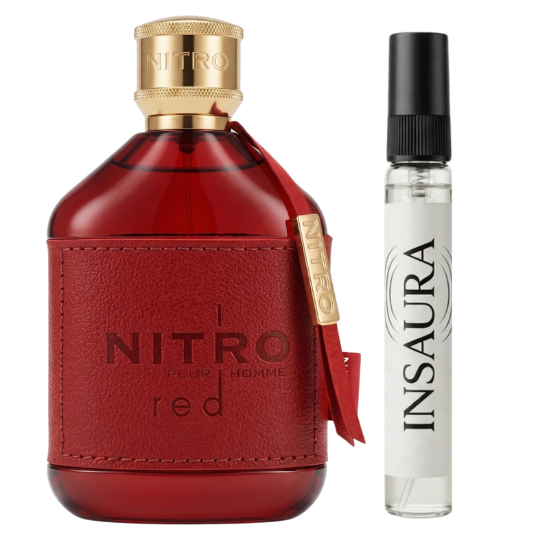 Dumont Nitro Red perfume bottle with 10ml decant spray, INSAURA