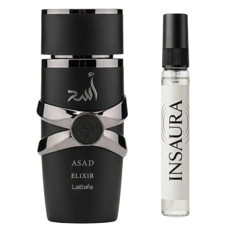 Lattafa Asad Elixir perfume bottle with 10ml decant spray, INSAURA
