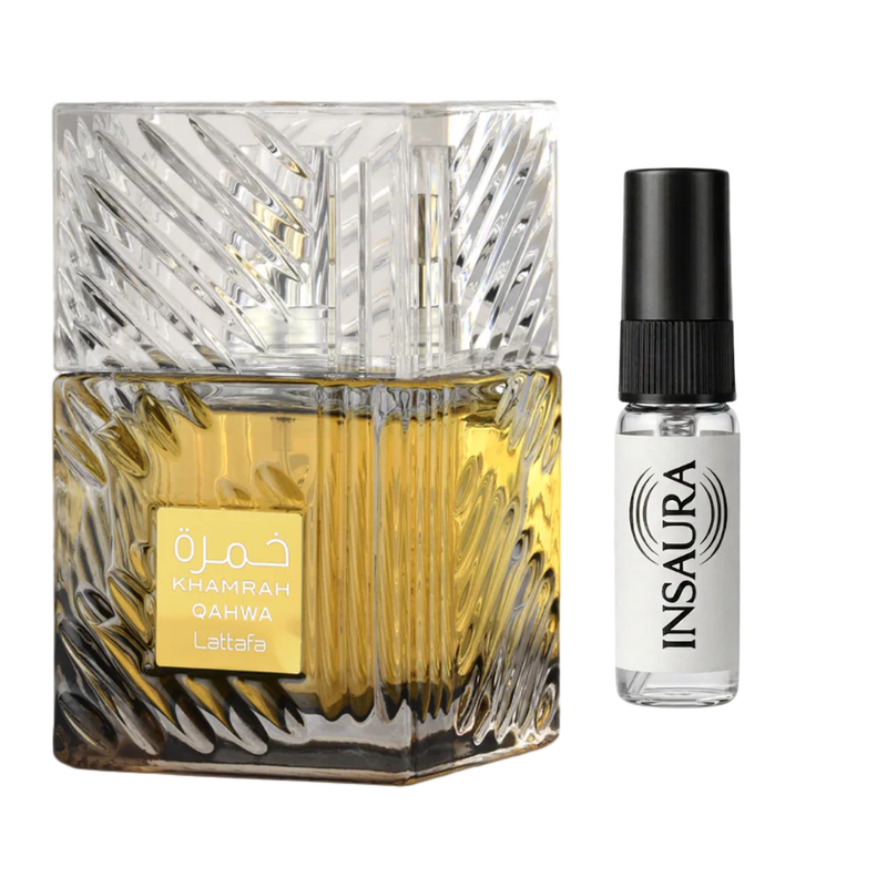 Lattafa Khamrah Qawha perfume bottle with 2ml decant spray, INSAURA