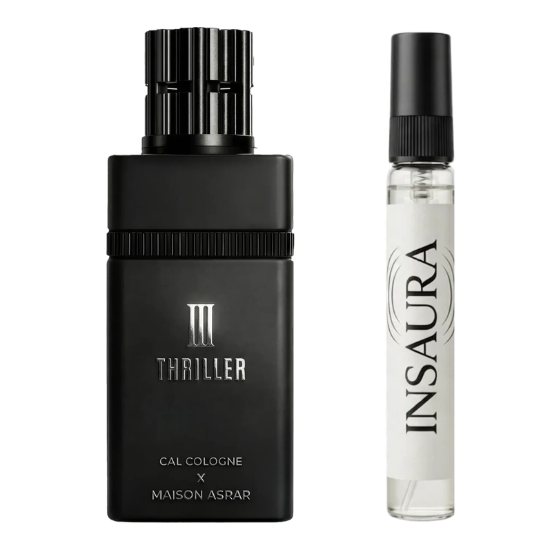Maison Asrar III Thriller perfume bottle with 10ml decant spray, INSAURA