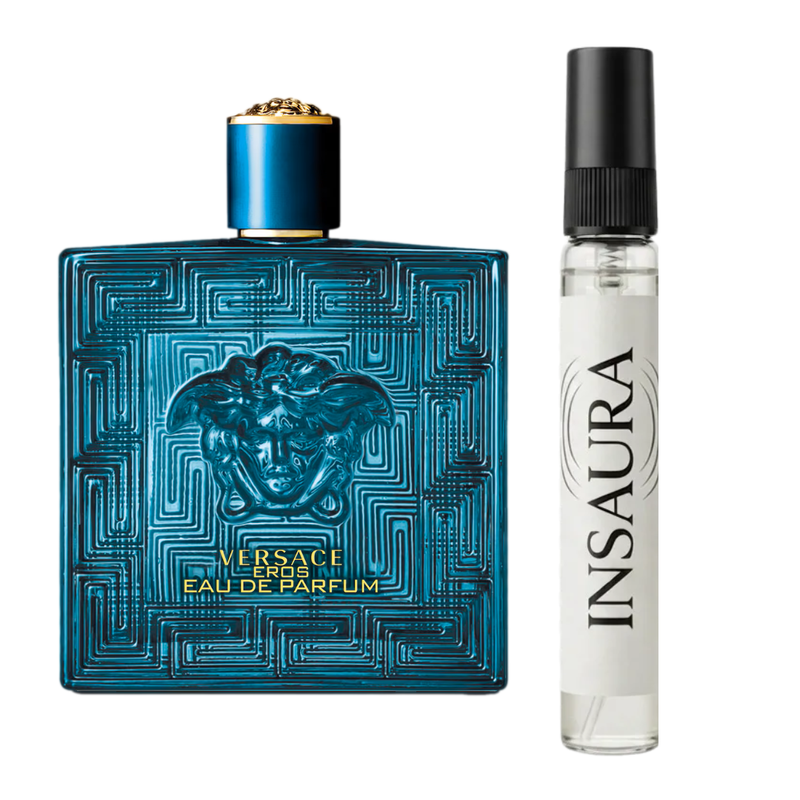 Versace Eros Eau de Parfum perfume bottle with 10ml decant spray, INSAURA