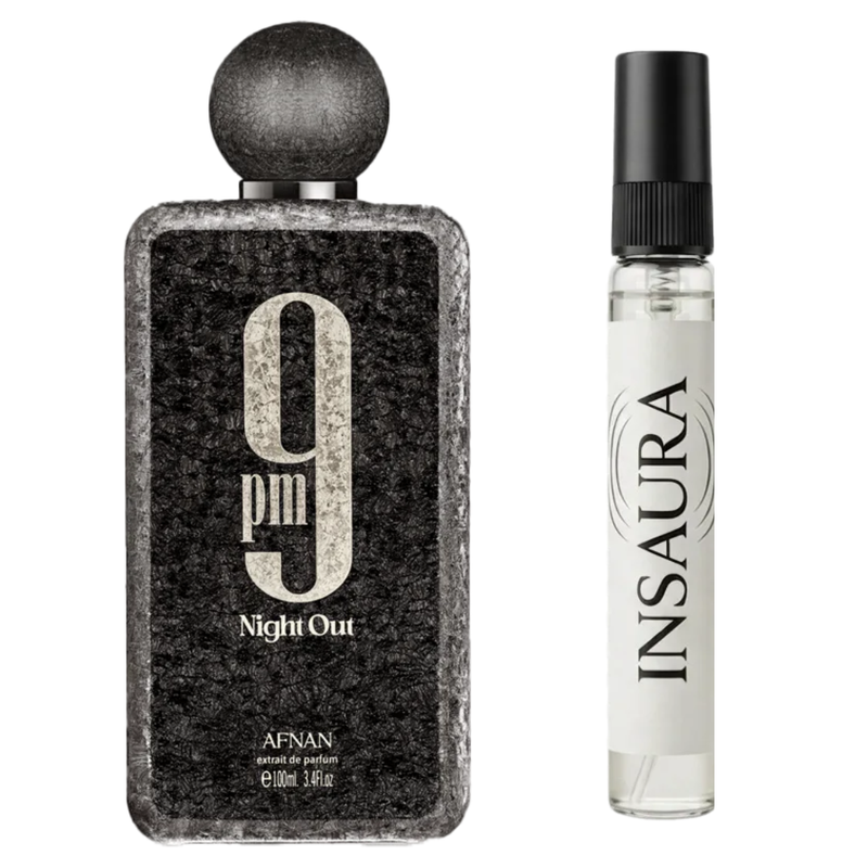 Afnan 9pm Night Out perfume bottle with 10ml decant spray, INSAURA