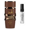 Lattafa Asad Bourbon perfume bottle with 5ml decant spray, INSAURA