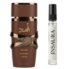 Lattafa Asad Bourbon perfume bottle with 10ml decant spray, INSAURA
