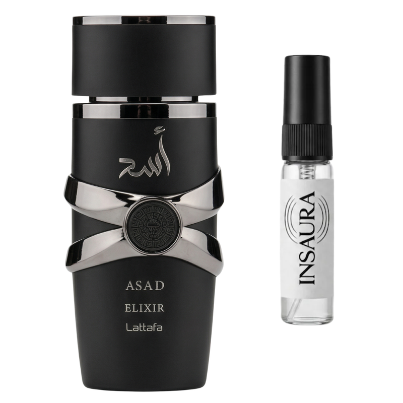 Lattafa Asad Elixir perfume bottle with 5ml decant spray, INSAURA