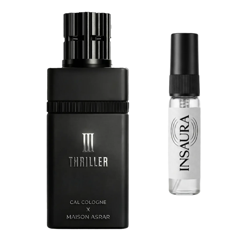 Maison Asrar III Thriller perfume bottle with 5ml decant spray, INSAURA