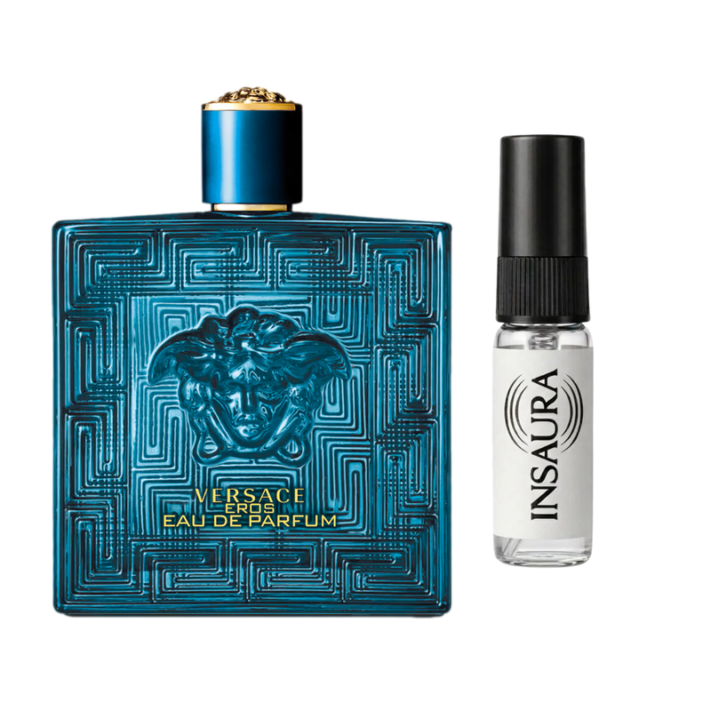 Versace Eros Eau de Parfum perfume bottle with 2ml decant spray, INSAURA